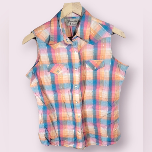 Wrangler Tops - VINTAGE WRANGLER  PASTEL PLAID Pearl Snap BUTTON UP WESTERN SHIRT SIZE M